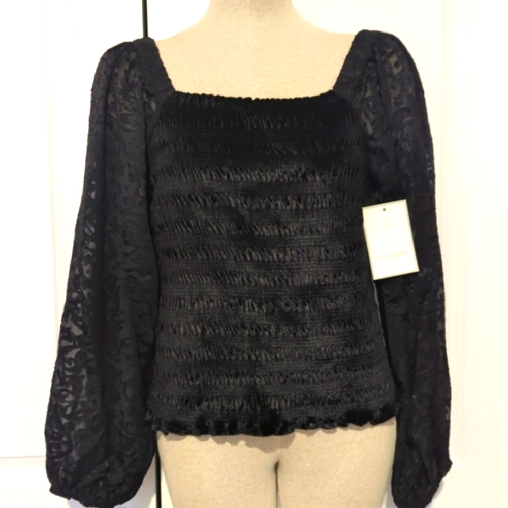 New Calligraphie Black Sweater Size M Velvet with Sheer Lace Long Sleeve…